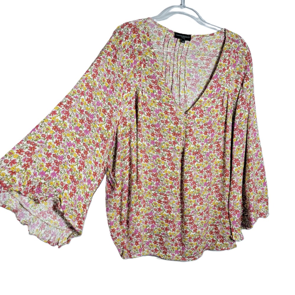 Cynthia Rowley‎ Womans Floral Print V Neck Bell Sleeve Blouse Top Plus Size 3X